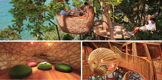 Soneva Kiri an Eco-Friendly Resort and fun Bamboo restaurant on the three - Treetop Dining Pod. An excellent organic meal delivered to you via a zip-line acrobatics of your personal waiter :) .